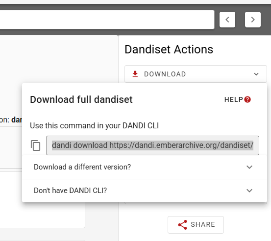 screenshot of where to find the Download button for a dandiset on EMBER-DANDI website