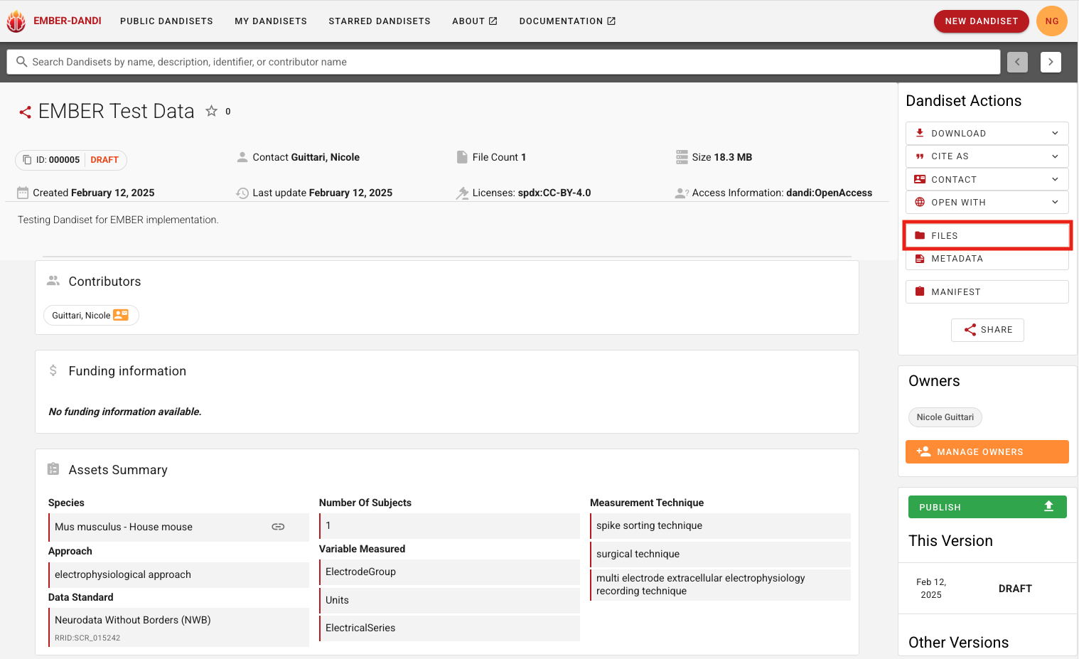 screenshot of where to find the Files button for a dandiset on EMBER-DANDI website