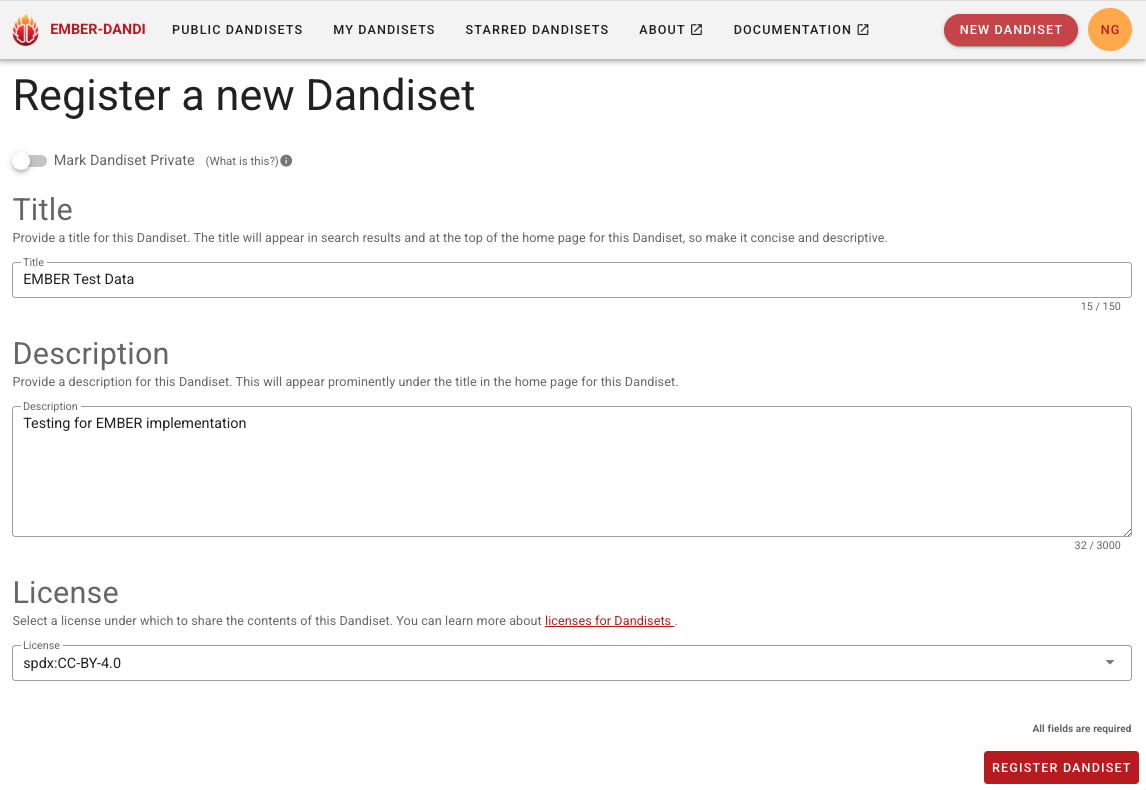 screenshot of the New Dandiset form on EMBER-DANDI website