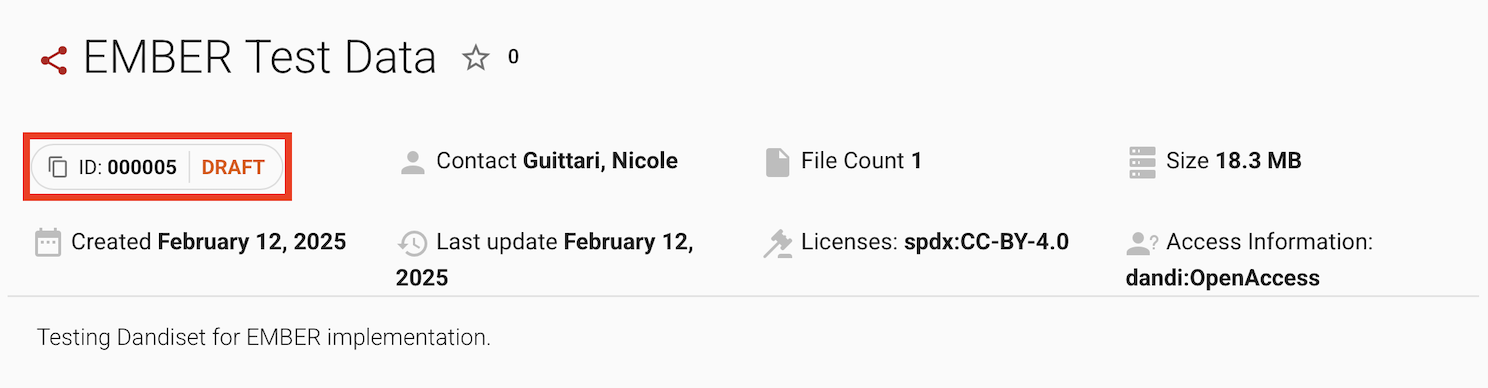 screenshot of where to find the Dandiset Id on EMBER-DANDI website